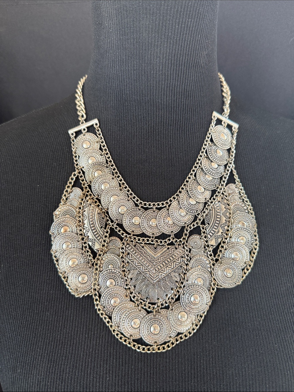 Boho Antique Silver toned Statement Necklace - Layered Tribal Medallions